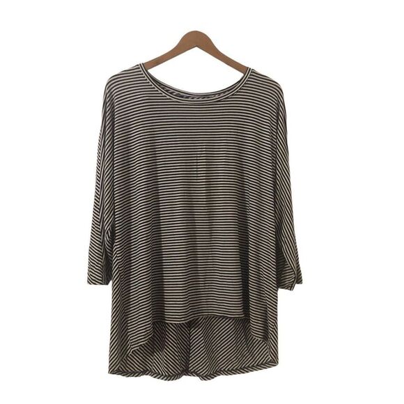 Chico’s Striped Dropped Shoulder Stretch Tunic Size 3 Navy White Hi Lo Hem - Picture 1 of 6